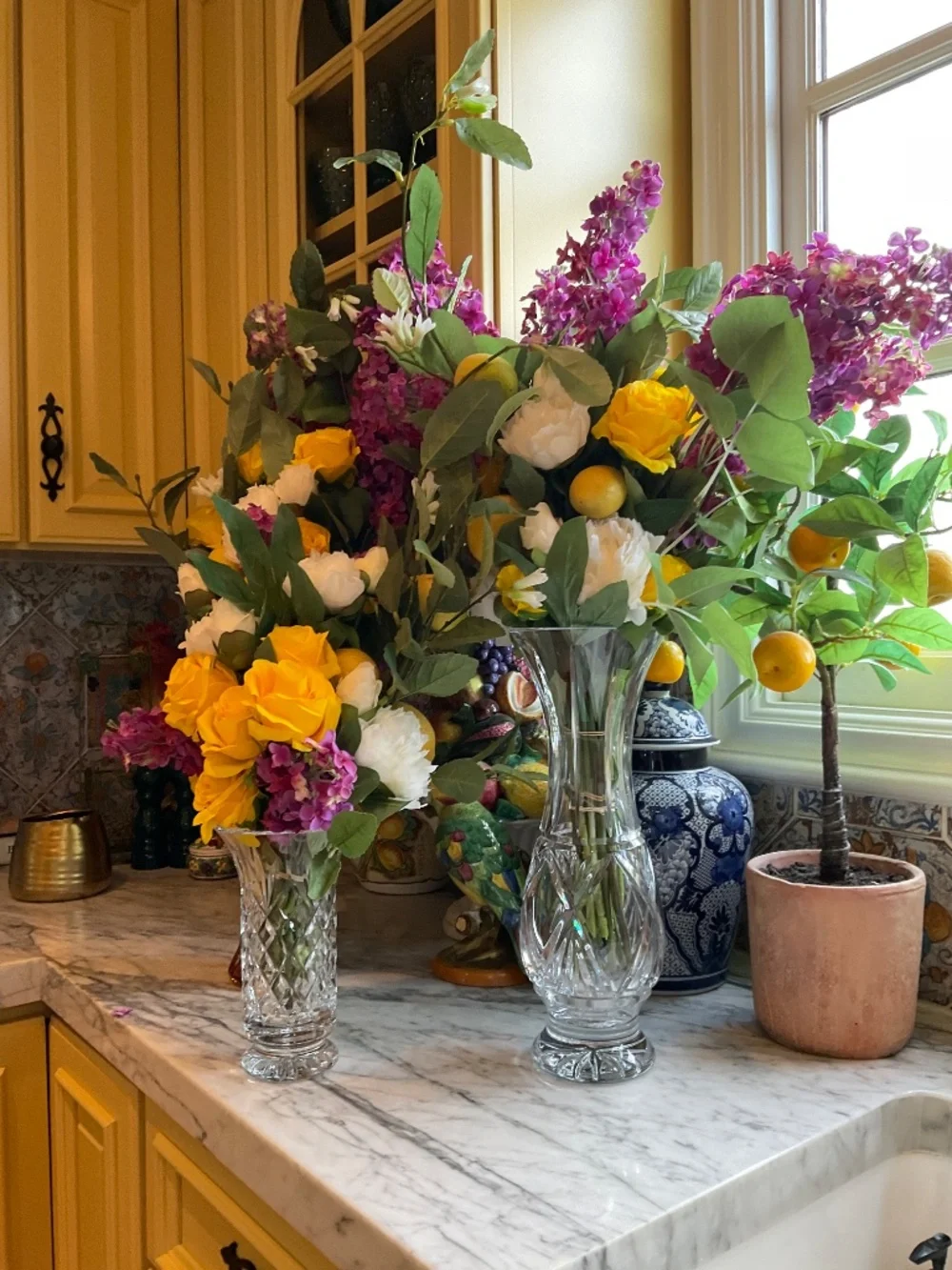 3 faux floral bequests, varying sizes, vases NOT included